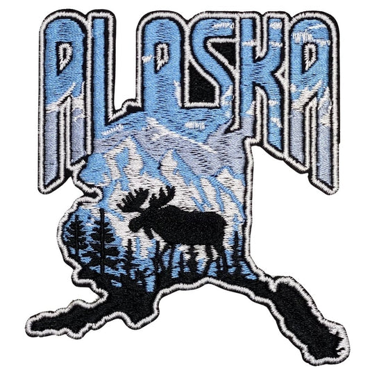 Outdoor-inspired Alaska patch featuring bold Alaska lettering, mountain landscape, pine forest, moose silhouette, and Alaska state shape outline embroidered patch – Alaska, USA