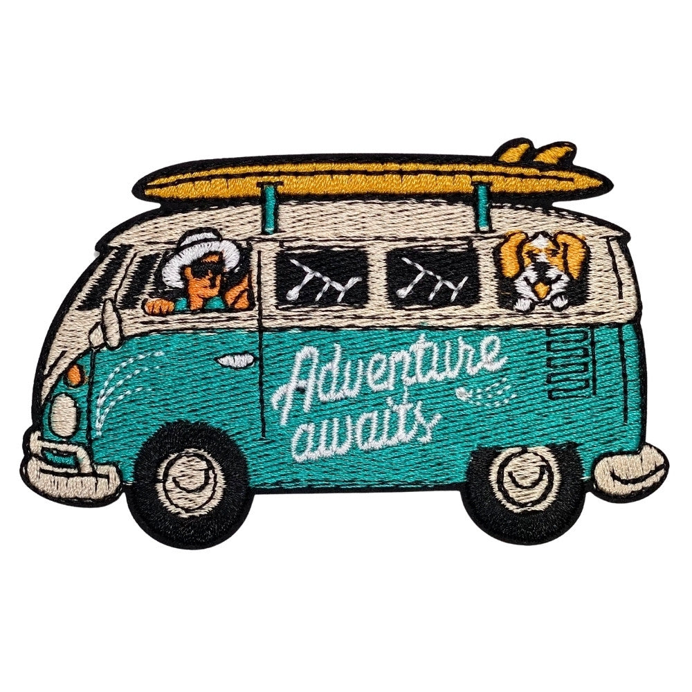 Retro travel-inspired van patch featuring a vintage camper van, surfboard on top, driver and dog details, and road trip adventure lettering embroidered patch