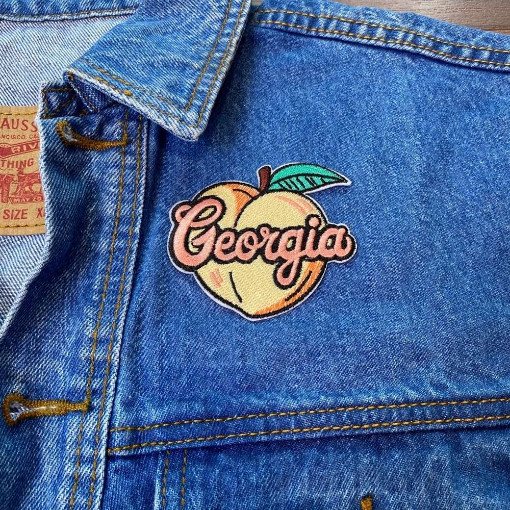 Georgia Peach Patch on a backpack – iron-on embroidered patch