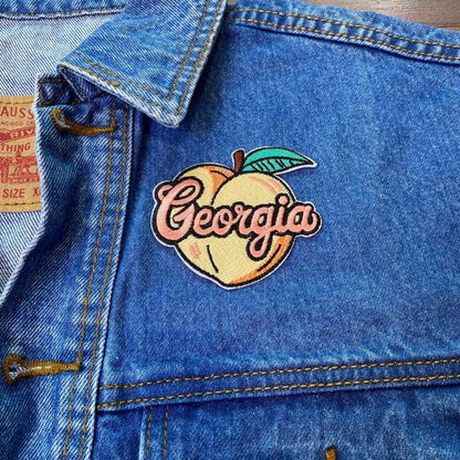Georgia Peach Patch on a backpack – iron-on embroidered patch