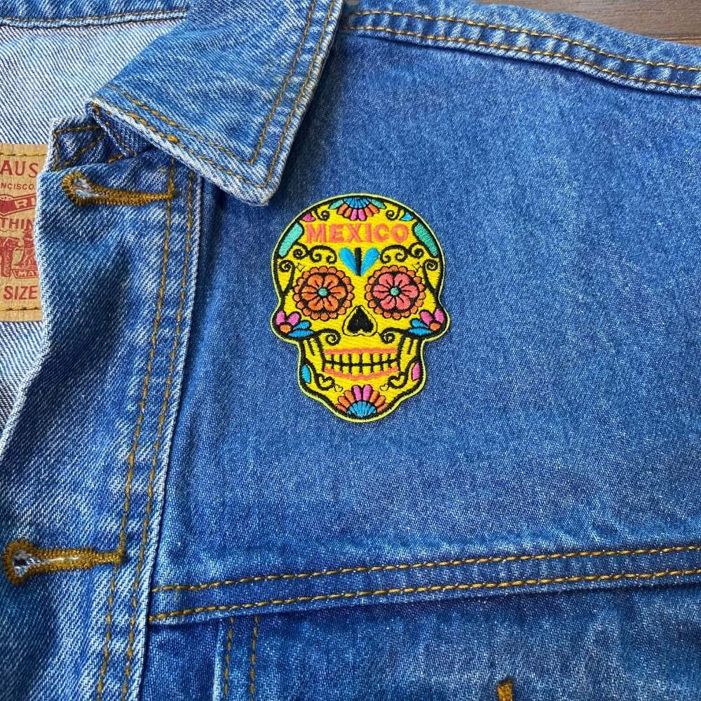 Sugar Skull Mexico Patch on a backpack – iron-on embroidered patch