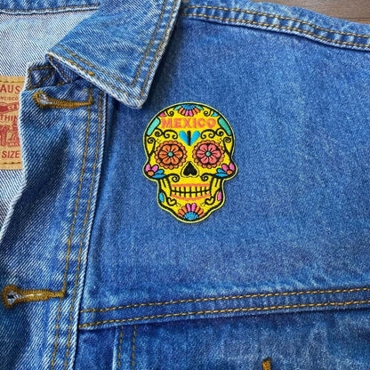 Sugar Skull Mexico Patch on a backpack – iron-on embroidered patch