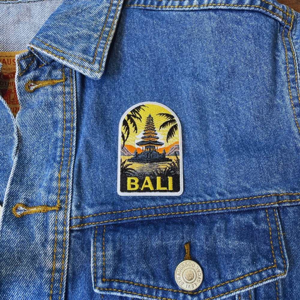 Pagoda Bali Patch on a backpack – iron-on embroidered patch