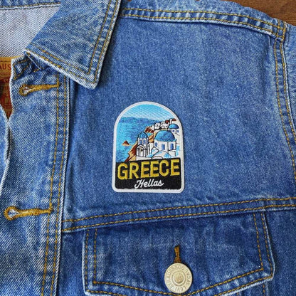 Blue Dome Greece Patch on a backpack – iron-on embroidered patch