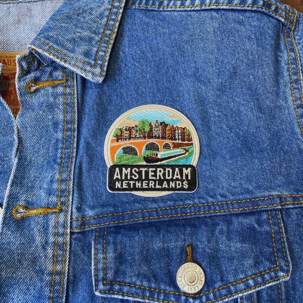Canal Houses Amsterdam Patch on a backpack – iron-on embroidered patch